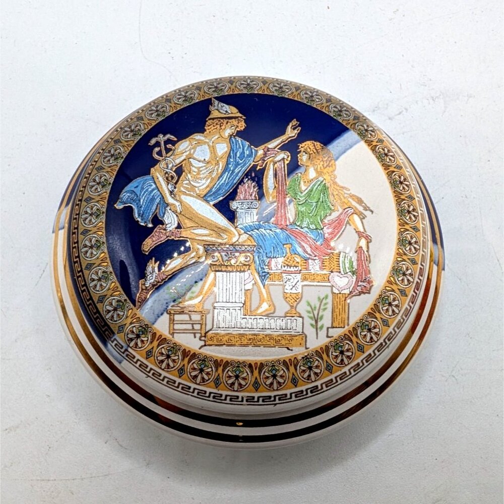 Handcrafted Greek Ceramic Trinket Box With Mythological Design Gold Detailing &